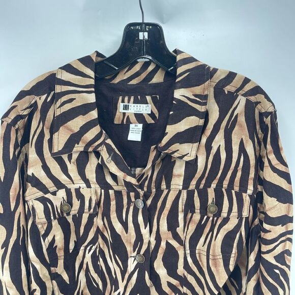 Carole Little Womens Button Up Shirt Long Sleeve Linen Animal Print Brown 3X - Picture 4 of 11